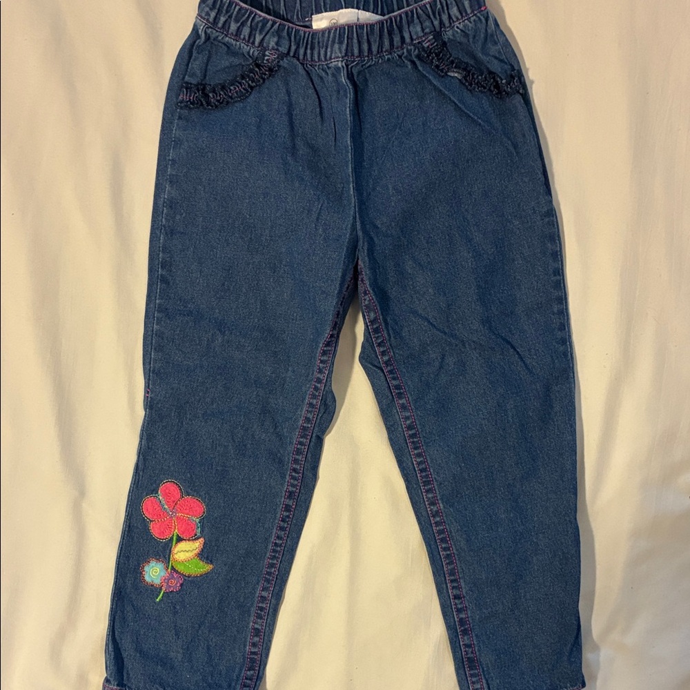 Hanna Andersson Dark Blue Denim Jeans with Pink Floral Applique